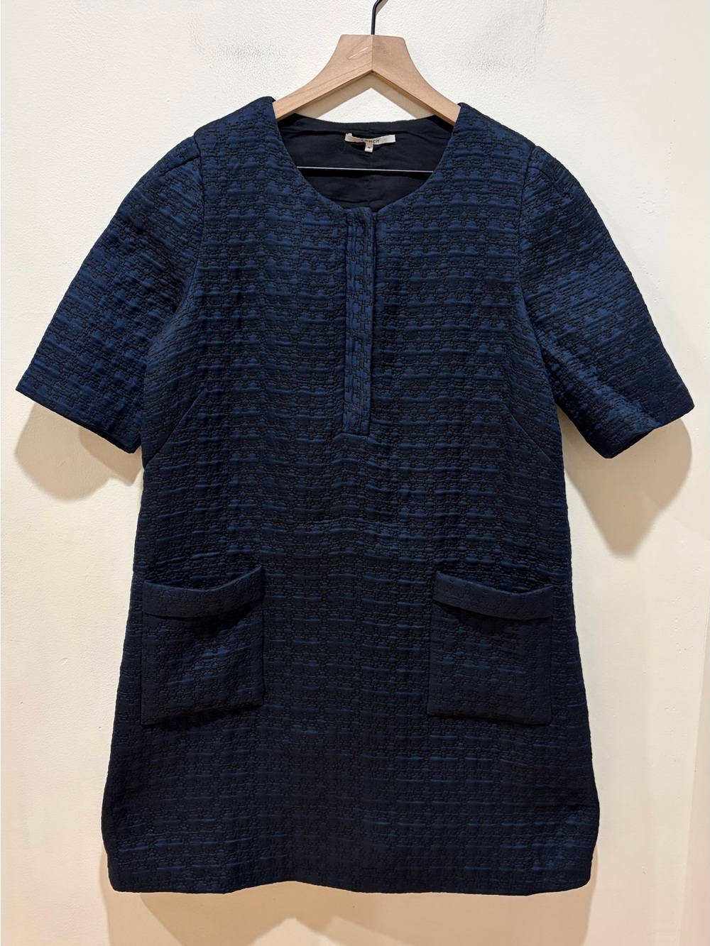 FRNCH Navy Dark Blue & Black Textured Short Sleeved Mini Dress - Women’s Medium